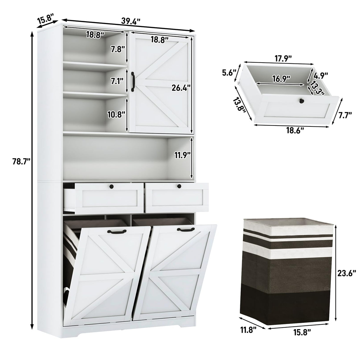 78" Tall Tilt-Out Double Doors Laundry Cabinet Hamper w Hidden Laundry Hamper,Large Pull Out Laundry Room Storage Cabinets,Kitchen Double Tilt Out Trash Cabinet,13X2 Gallon Bathroom Organizers(White) jiteentarou