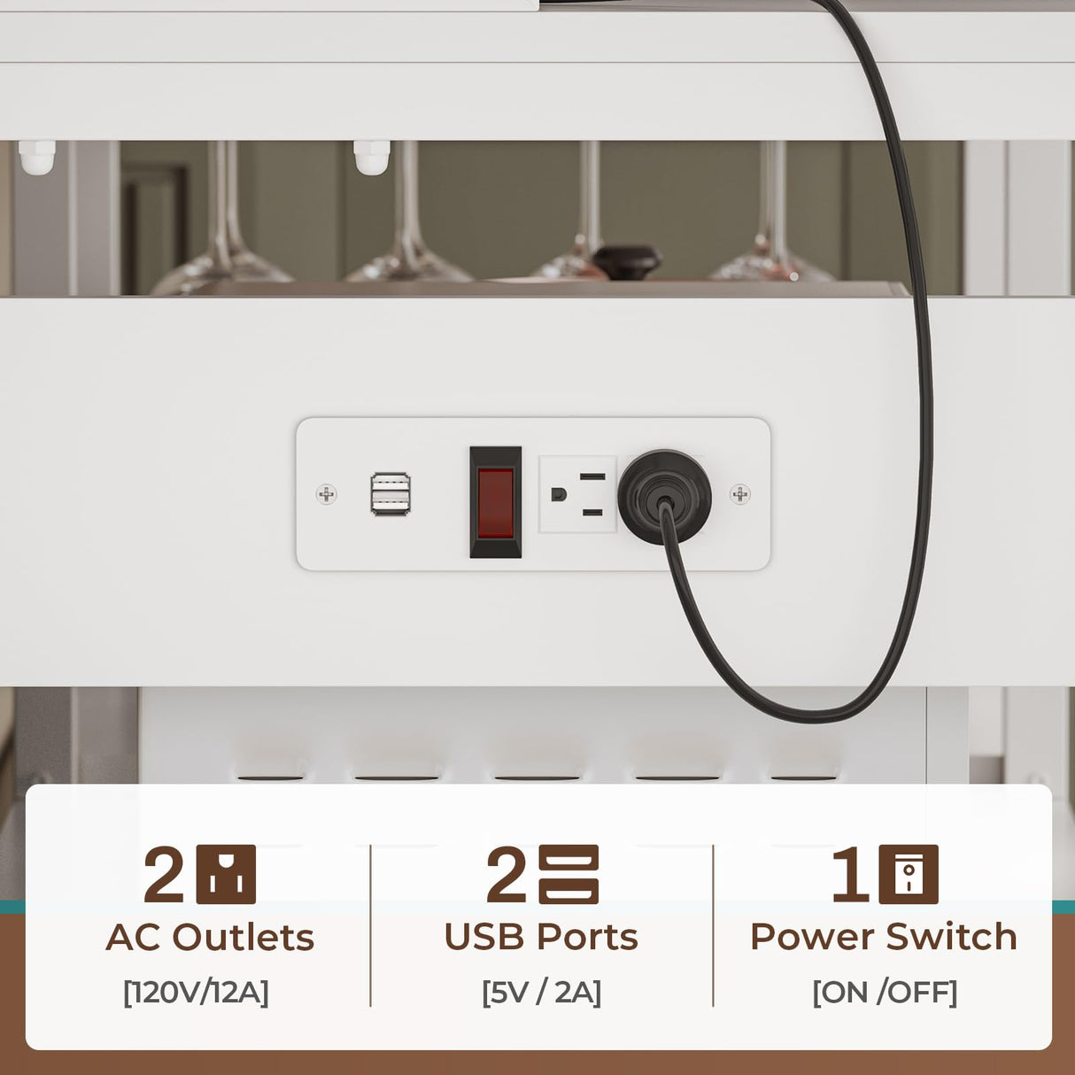Itaar Bakers Rack with Power Outlet and LED Light, 45.3 Inch Farmhouse Coffee Bar Cabinet, Kitchen Microwave Stand with Storage, Glass Cabinet, Goblet Holder and 8 Hooks (White) Itaar