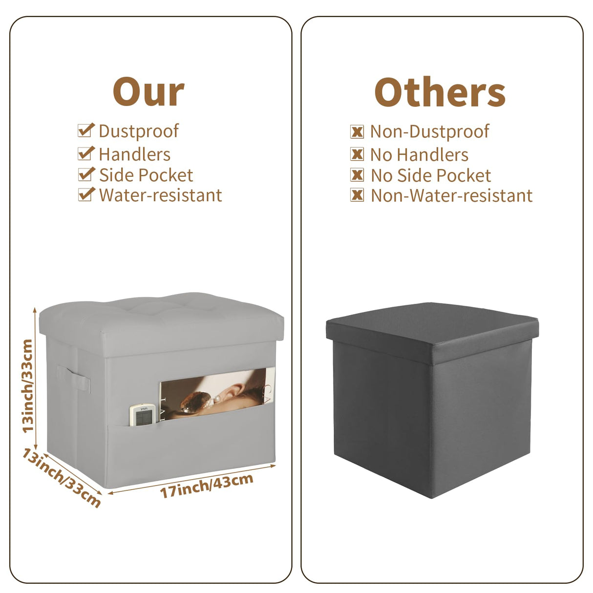 BelugaHelper Folding Storage Ottoman. Foot Rest Stool with Thicker Foam Padded Seat. 330 lbs Leather Ottoman with Storage Bench for Living Room, Bedroom, Home Office Table, 17x13x13in, Grey BelugaHelper