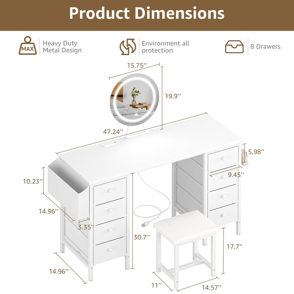 KAI-ROAD Makeup Vanity with Storage and Lighted Mirror - White Vanity Desk with Mirror and Lights, 8 Large Fabric Drawers & Power Outlet, Dressing Table Vanities Chair Set for Girls Bedroom KAI-ROAD