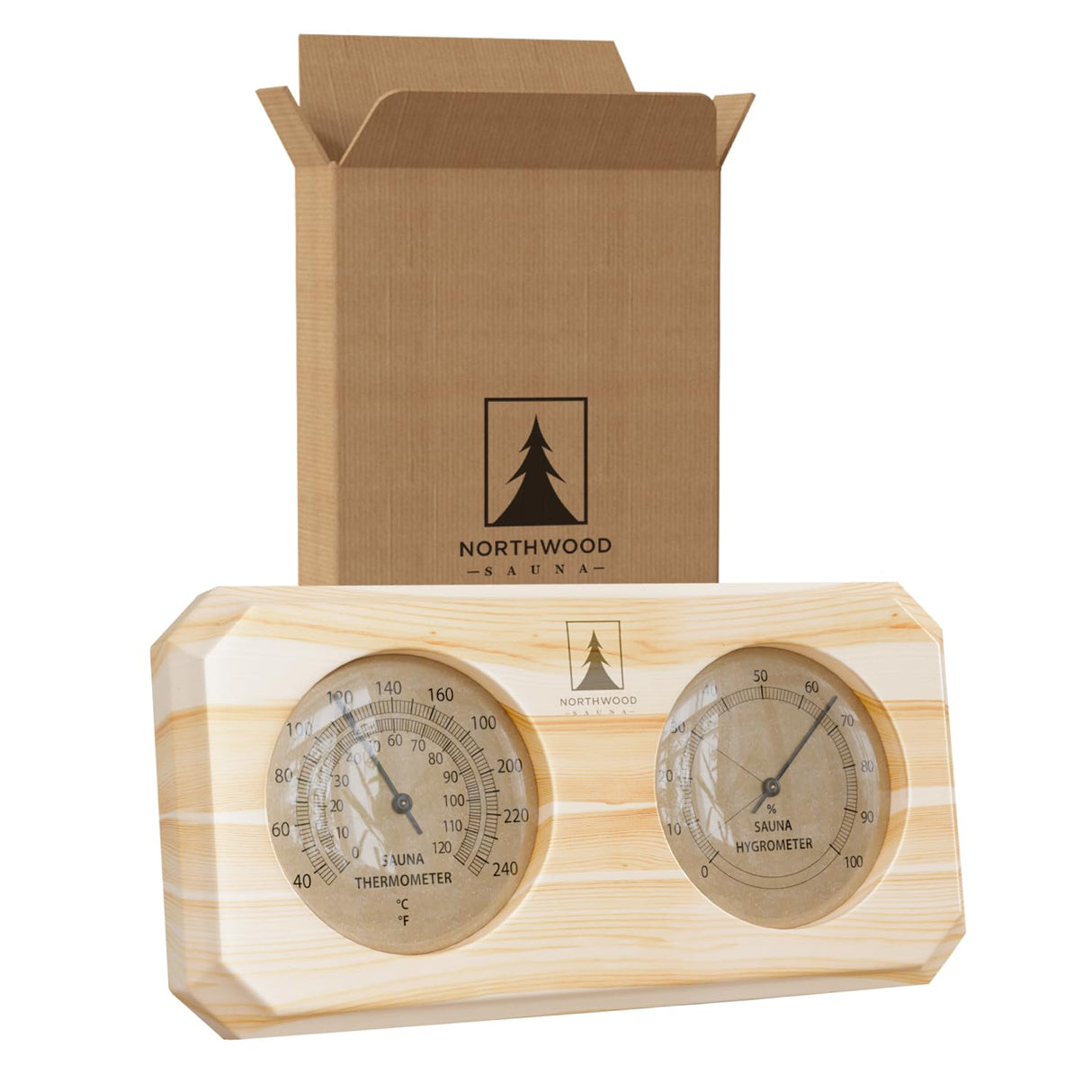 Northwood Sauna - Sauna Thermometer & Hygrometer 2 in 1 - Handmade from Finnish Pine Wood - Luxurious Glass and Golden Metal Dials Northwood Sauna