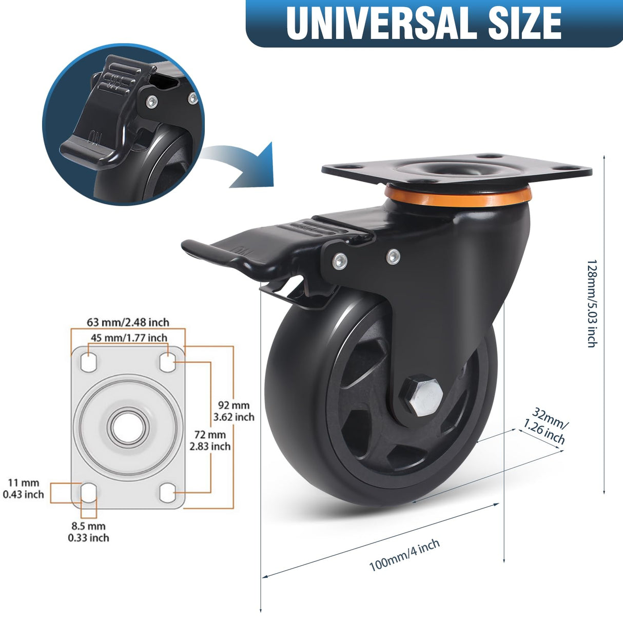 4 Inch Caster Wheels, Casters Set of 4 Heavy Duty with Brake, Polyurethane Foam No Noise Wheels, Safety Dual Locking Plate Industrial Casters, Loading 2200lbs (Two Sets Hardward Kits) ENYKE