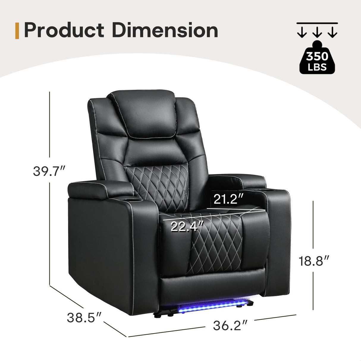ANJ Power Recliner Chair with USB Port, Electric PU Leather Home Theater Seating for Living Room, Movie Reclining Chairs with Blue Ambient Lighting, Hidden Arm Storage, Cup Holders (Black) ANJ