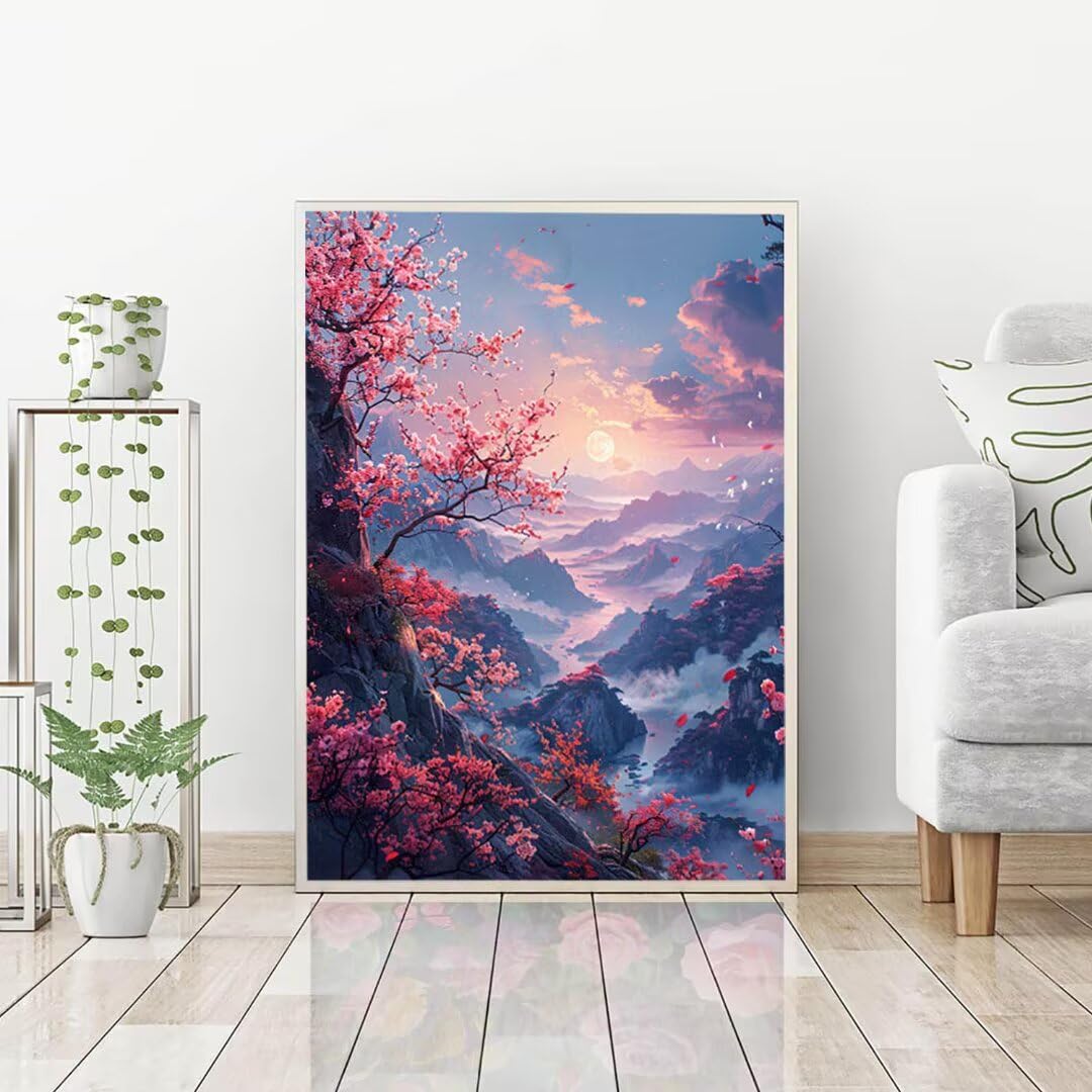 5D Diamond Painting Landscape Diamond Art Kits for Adults, Cherry blossom Diamond Art Kits, Square Drill Diamond Painting, DIY Full Drill Diamond Dots Gem Art Paintings, Home Wall Decor 20x28in k-3 Peepezo