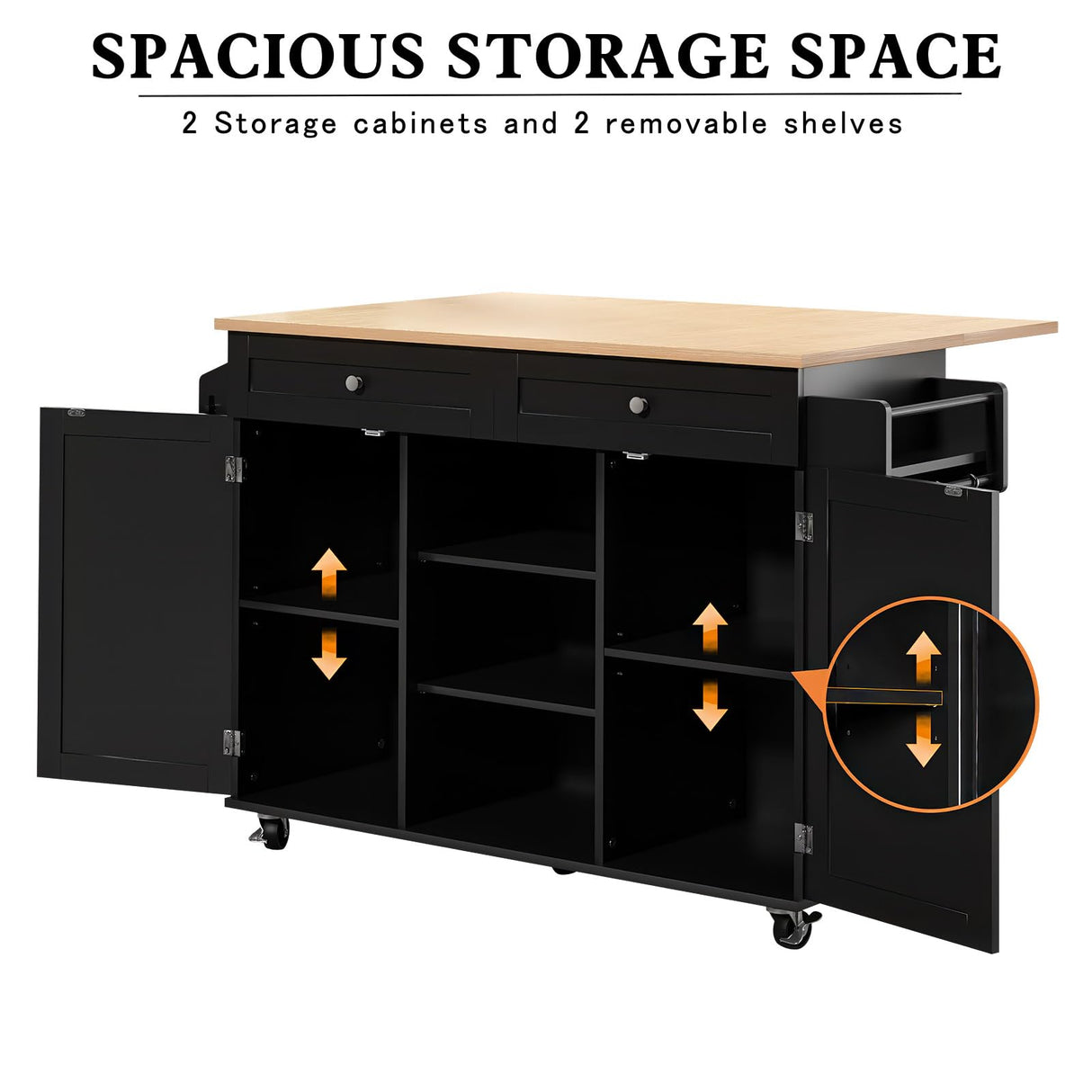 HLR Kitchen Island On Wheels, Rolling Kitchen Island Cart with Drop Leaf Countertop, Barn Door Kitchen Island Table with Storage Cabinet and Tower Rack, Island Table for Kitchen HLR