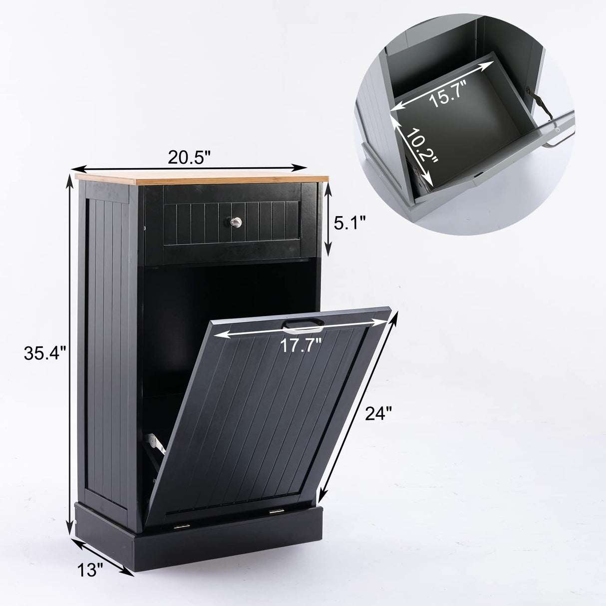 Trash Cabinet Tilt Out Freestanding, Pet Proof Kitchen Trash Cabinet Laundry Hamper with Cutting Board, Wood Garbage Recycling Station Hideaway Trash Holder Drawers (1, Black) Gitua