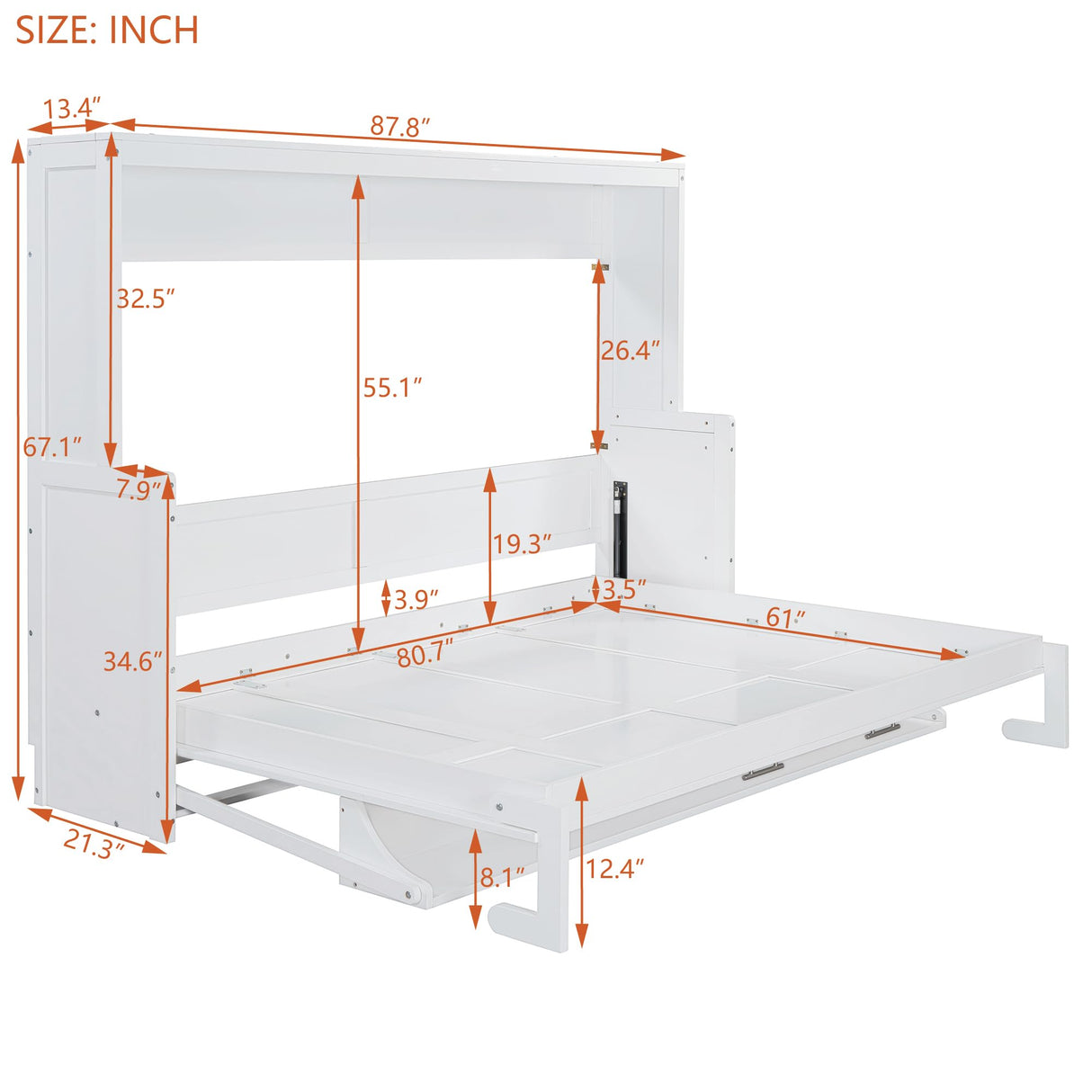 SOFTSEA Queen Size Horizontal Murphy Bed with Desk, Murphy Bed can be Folded into a Cabinet, Hideaway Wall Bed Frame Space-Saving for Guest Room Bedroom Office, White SOFTSEA