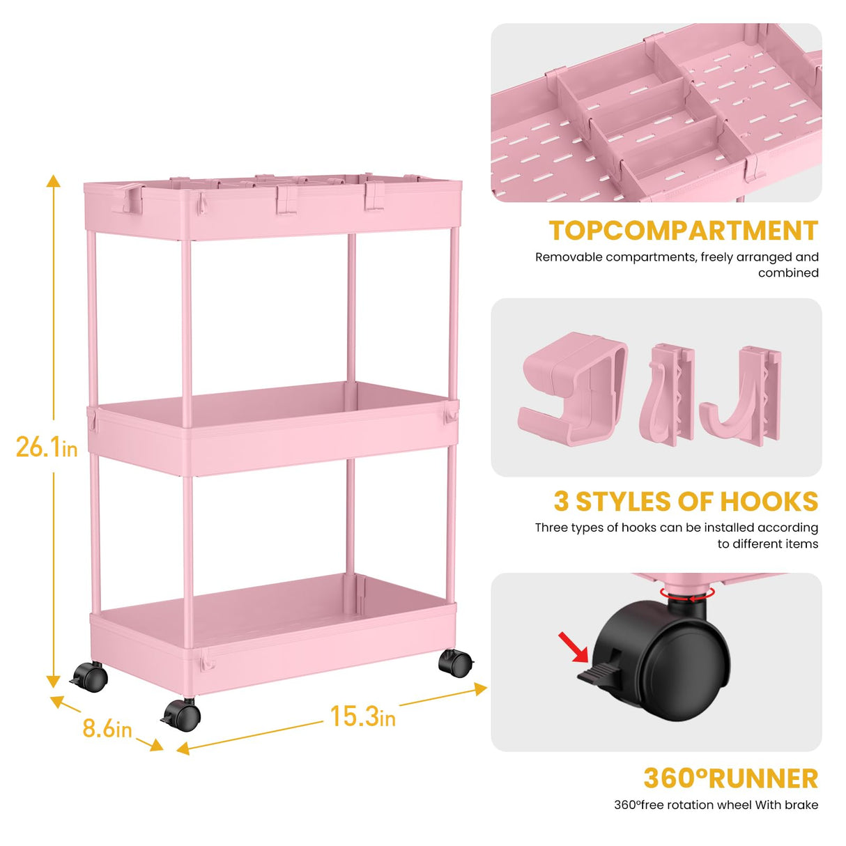 SPACELEAD 3 Tier Rolling Cart with Wheels, Storage Craft Art Trolley Organizer Serving, 3 Hanging Baskets Easy Assembly, for Office, Living Room, Kitchen, Pink SPACELEAD