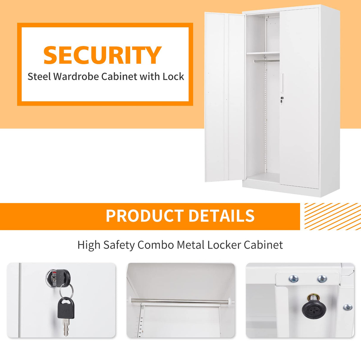 MIIIKO Steel Wardrobe, 72" Combination Storage Cabinet with Clothes Rod and 4 Shelves Organizer Storage, 2 Lockable Doors, for Office Home, Garage, MIIIKO