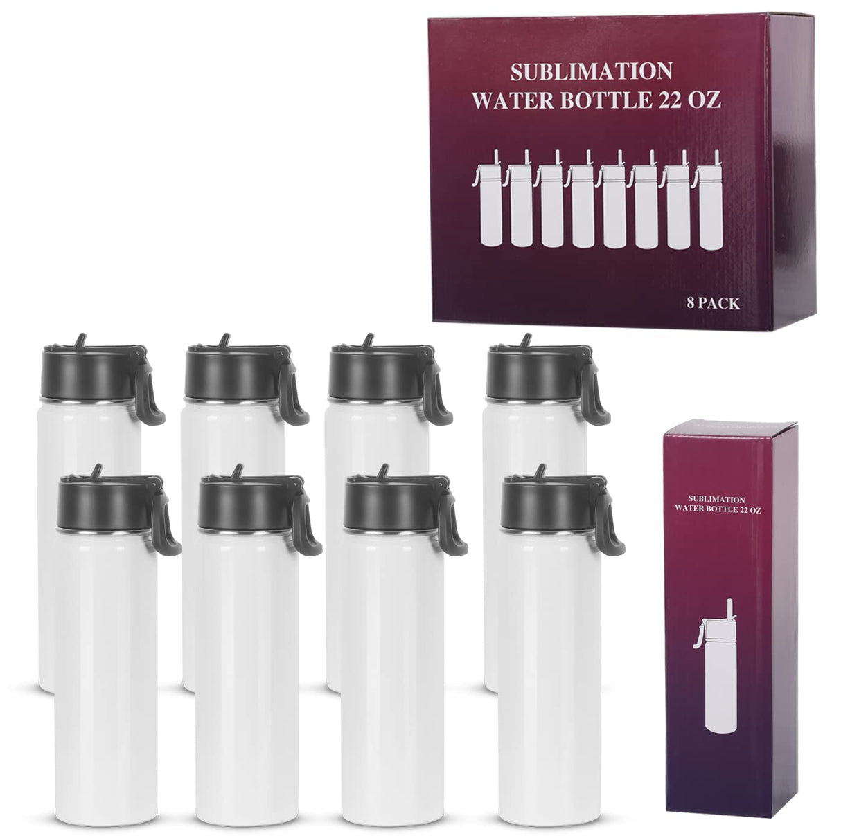 Draheri Sublimation Sports Water Bottle blanks, 22 Oz Sublimation Tumblers, Double Wall Stainless Steel Sports Water Bottle Flask with Portable Handle, Individually Boxed (8 Pack) Draheri