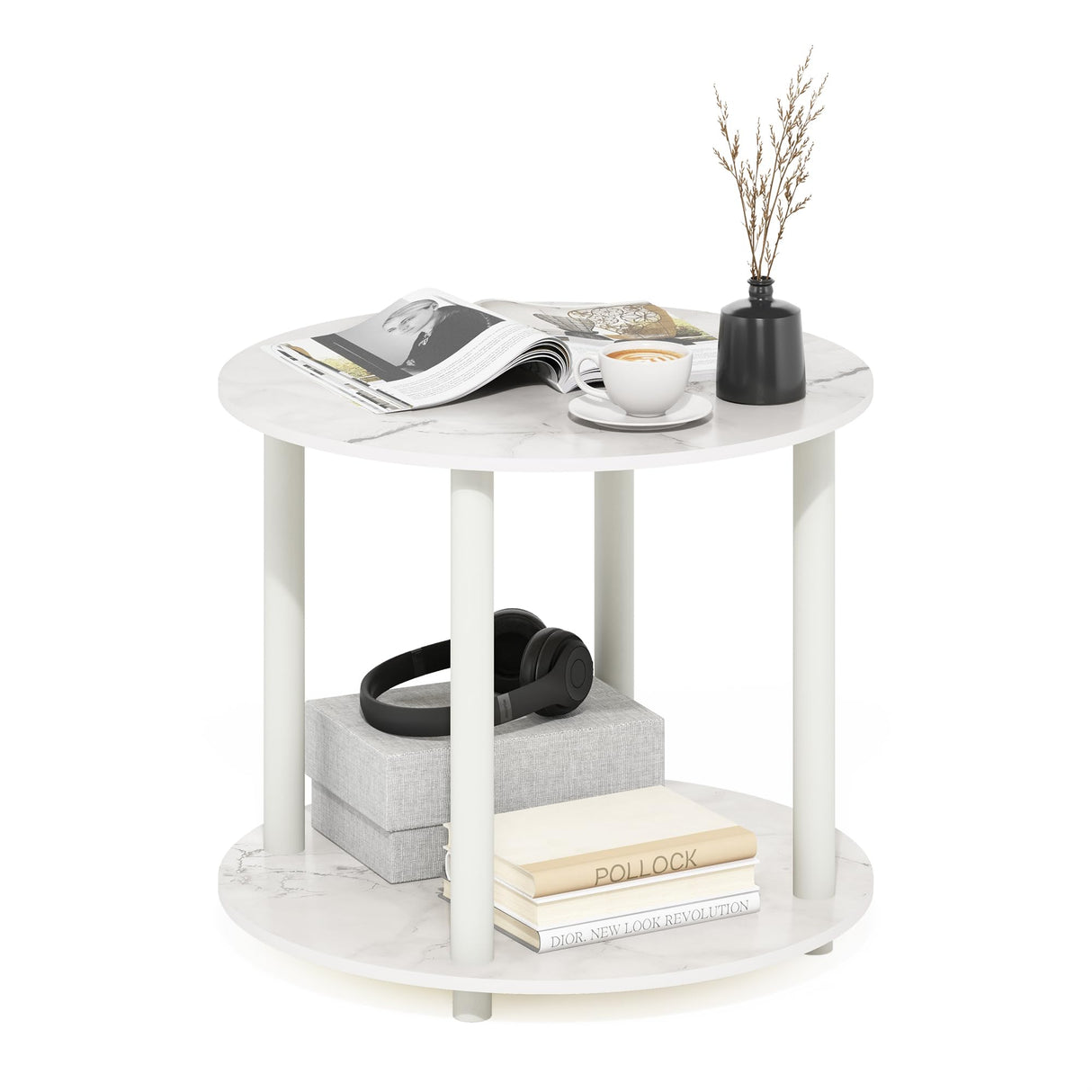 Furinno Turn-N-Tube Simple Design 2-Tier Round Wooden Small Coffee Table, Marble White Furinno