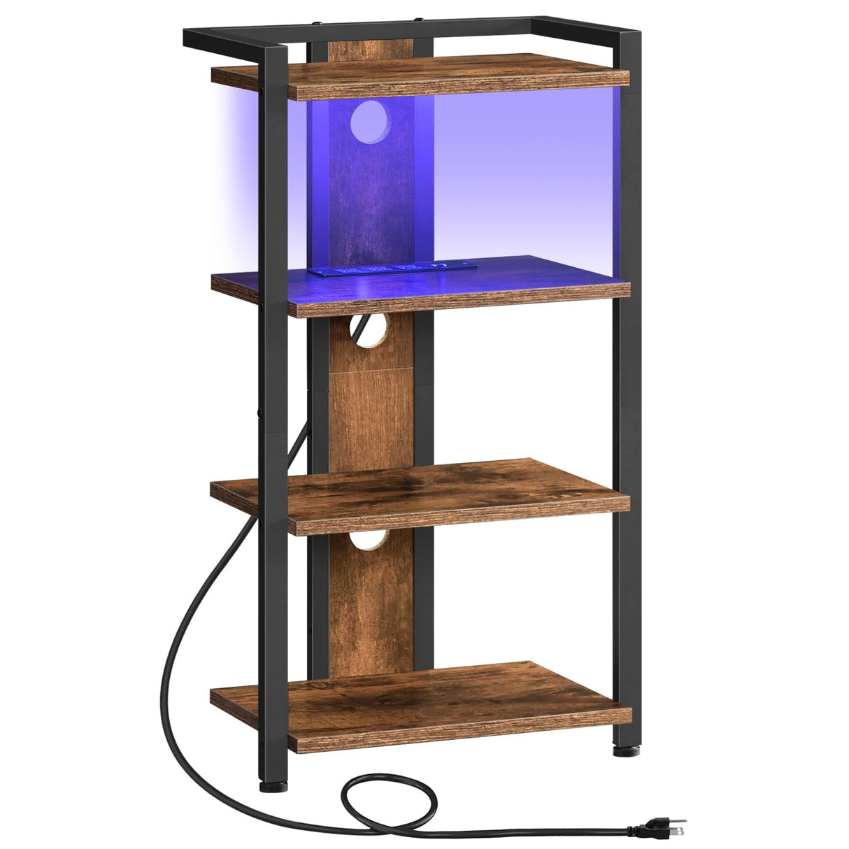 HOOBRO 4-Tier AV Media Stand, Media Console with Charging Station and LED Light Strip, Entertainment Device Stand, Game Console, Record Player, Media Accessories, Rustic Brown and Black BF38UDCJ01 HOOBRO