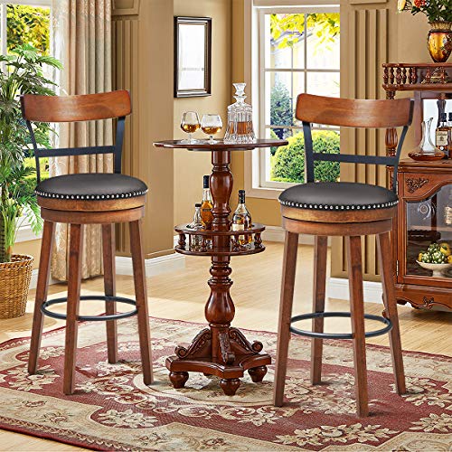 COSTWAY Bar Stools Set of 2, 360-Degree Swivel Stools with Leather Padded Seat, Single Slat Ladder Back & Solid Rubber Wood Legs, Bar Height Stools for Pub, Restaurant, Kitchen, Brown (2, 30.5) COSTWAY