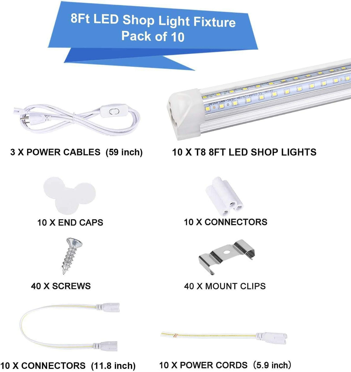 Henwsi 8FT LED Shop Light Fixture, White 10 Pack T8 Integrated Tube Lights, 72W 9500LM 6500K High Output Clear Cover, V Shape 270 Degree Lighting for Garage Warehouse, Upgraded Lights Plug and Play Henwsi