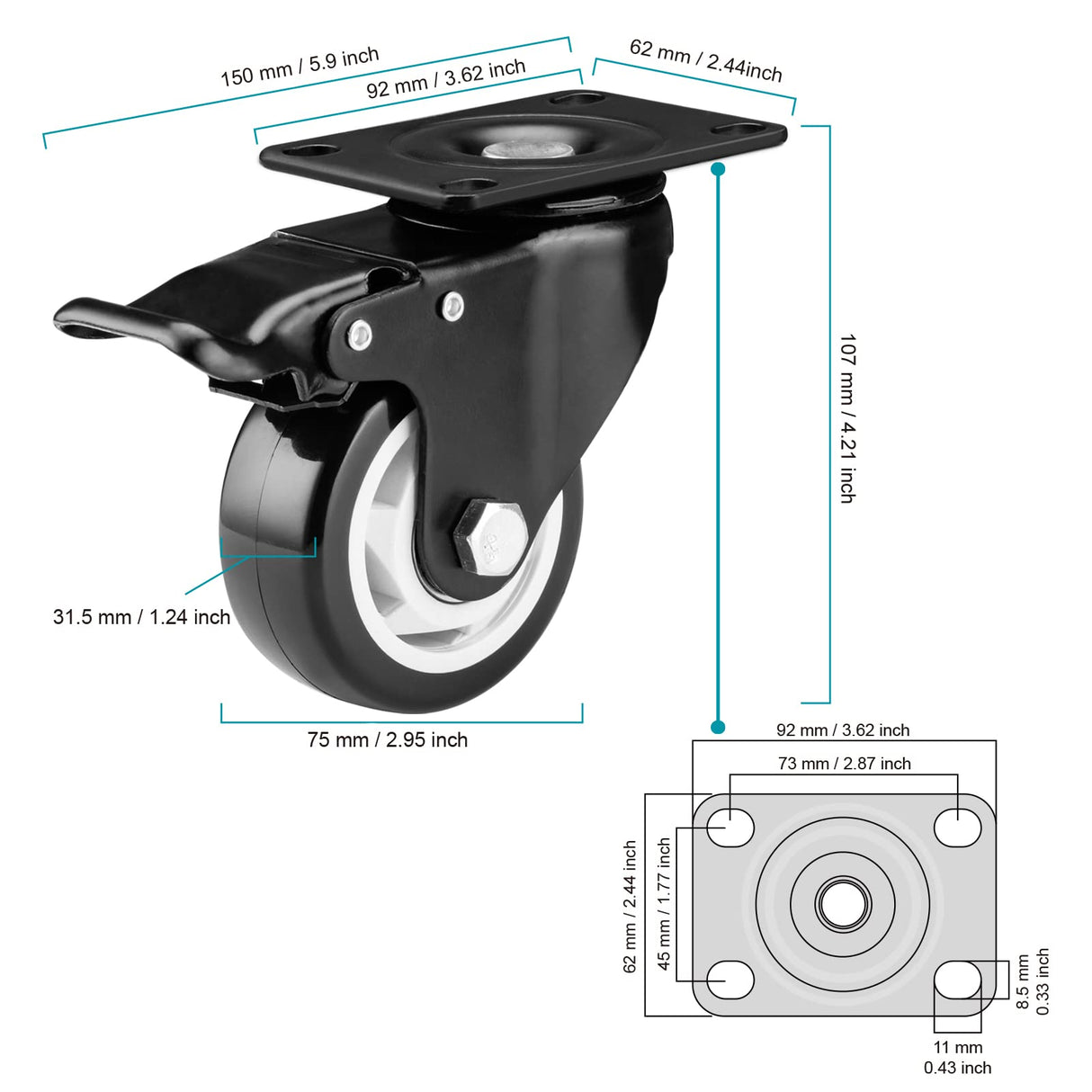 Caster Wheels - 3 Inch Casters Set of 8 Heavy Duty, BOSGEOT Locking Industrial Casters with 360 Degree No Noise Polyurethane Wheels, Swivel Plate Casters with Brake - Pack of 8 BOSGEOT