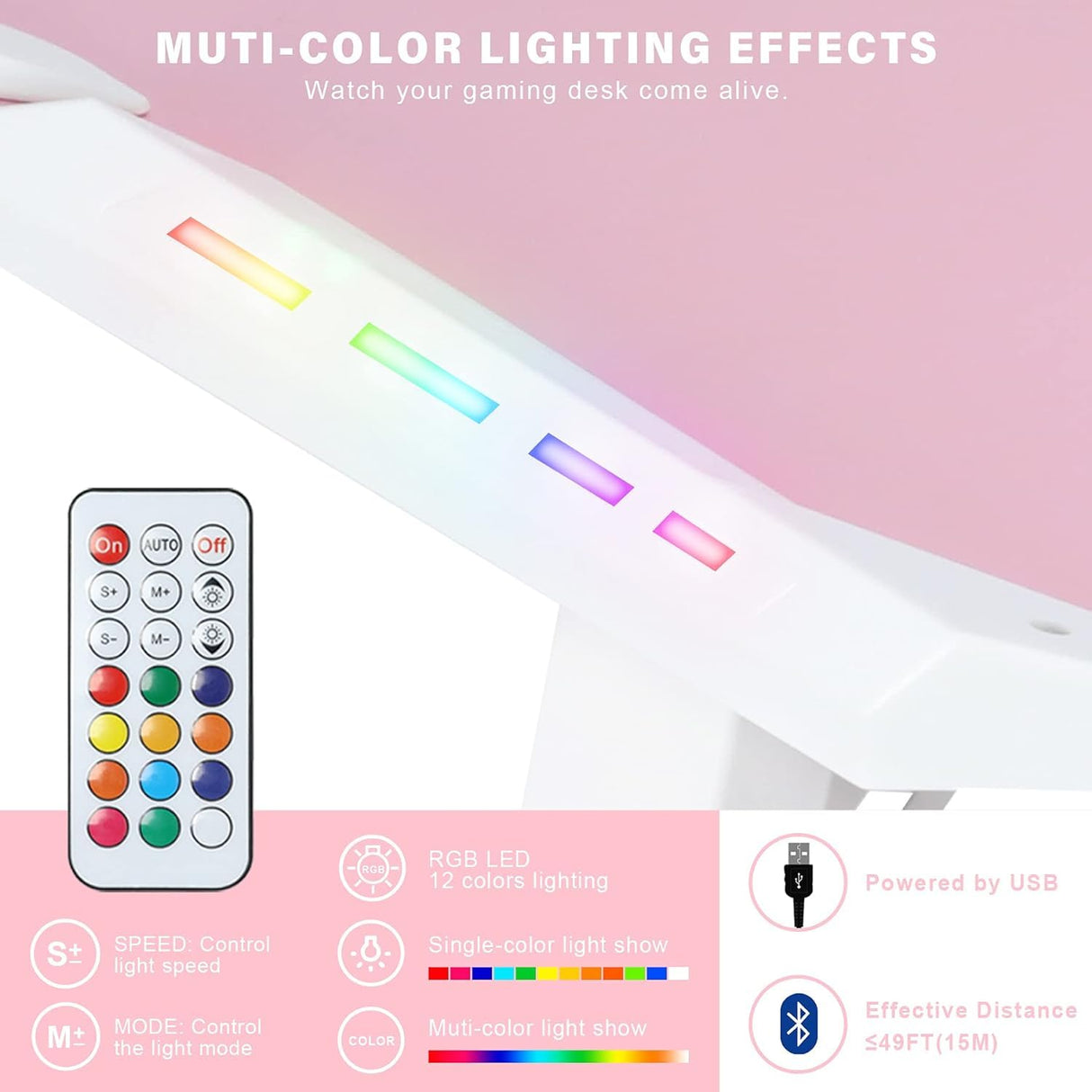 YOUTHUP Pink Gaming Desk with LED Lights, 55" Z Shaped RGB Gaming Computer Table, Ergonomic PC Workstation with Remote Control, Cup Holder, Handle Rack, Headphone Hook, Mouse Pad for Home Office Use YOUTHUP