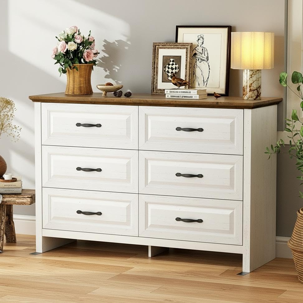 Marsail Farmhouse 6 Drawer Dresser, Wood Chest of Drawers with Natural Texture, Smooth Gliding Drawers, Versatile Storage Organizer Cabinet for Bedroom & Living Room, White and Brown Marsail