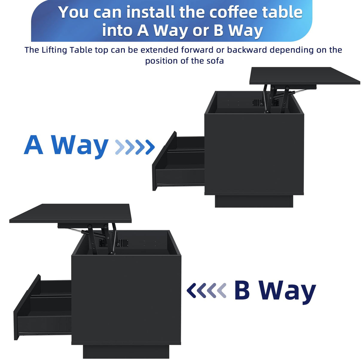 LED Coffee Table for Living Room Lift Top Coffee Tables with Storage Morden High Gloss 4 Tiers Black Tea Table Center Tables Sofa Hidden Compartment & 2 Open Shelve & 2 Drawers HOMMPA