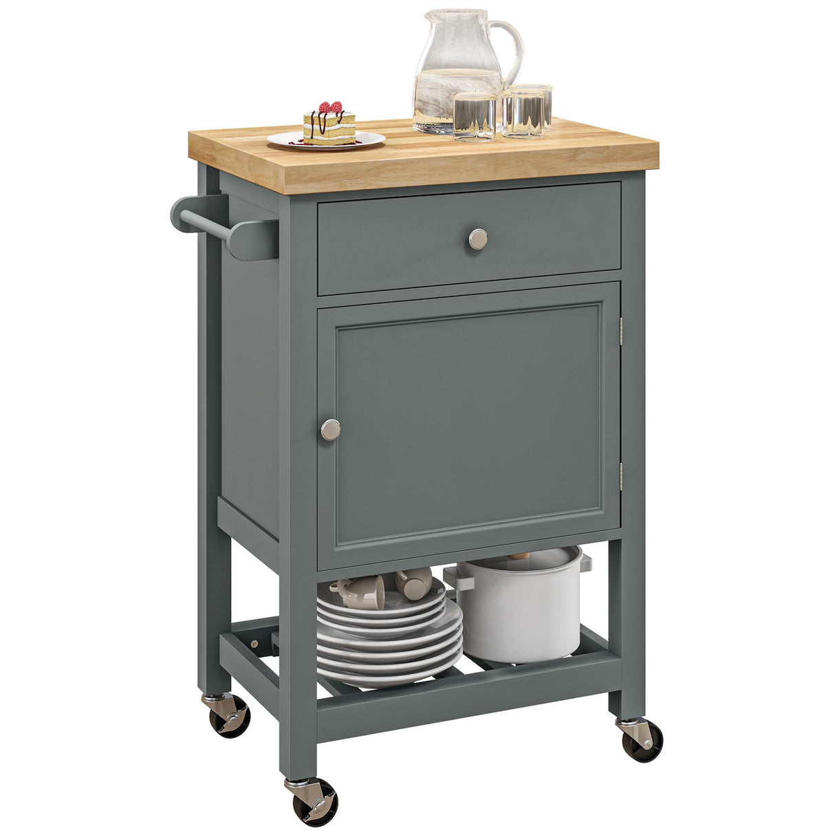 HOMCOM Utility Kitchen Cart, Rolling Kitchen Island with Smooth Rubberwood Top, Narrow Butcher Block Surface on Wheels with Storage Drawer & Cabinet, Gray HOMCOM