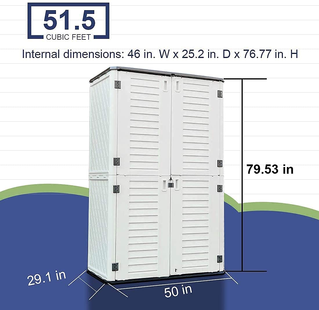 KINYING Outdoor Storage Shed Waterproof, Resin Vertical Storage Cabinet Double-Layered, Versatile to Store Patio Furniture, Garden Tools, Pool Accessories,Mower (66 Cu.ft,White) KINYING