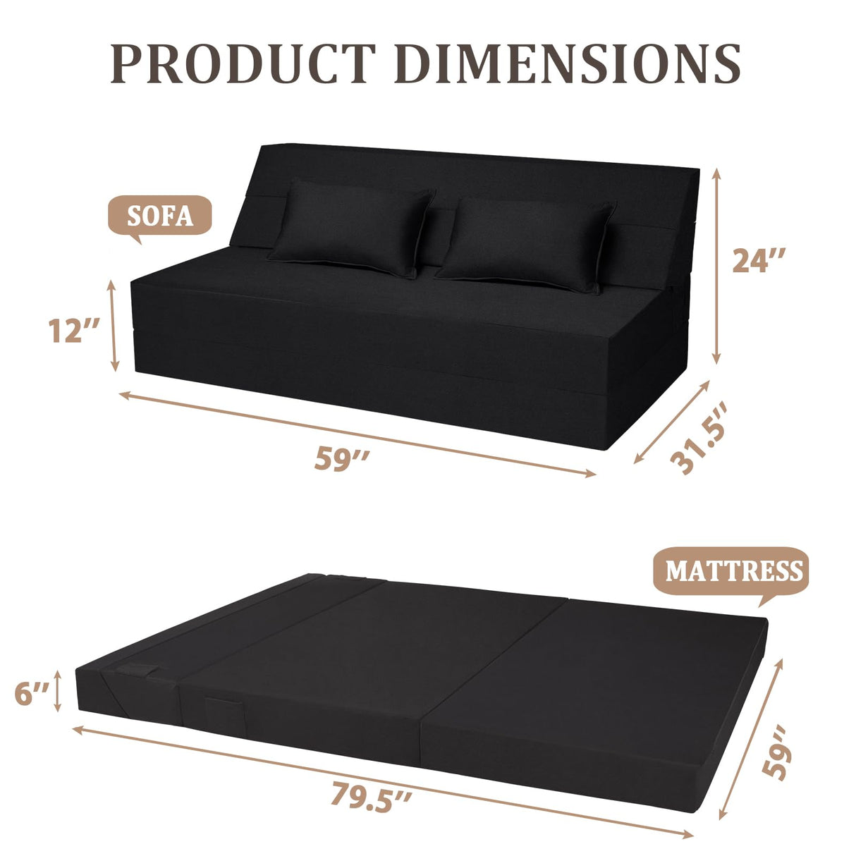 Youtanic 5 in 1 Folding Sofa Bed, Queen Size Convertible Sleeper Chair with Pillow, Memory Foam Futon Couch, Velvet Fabric Washable Mattress for Living Room, Dorm, Guest, Home Office, Apartment, Black Youtanic