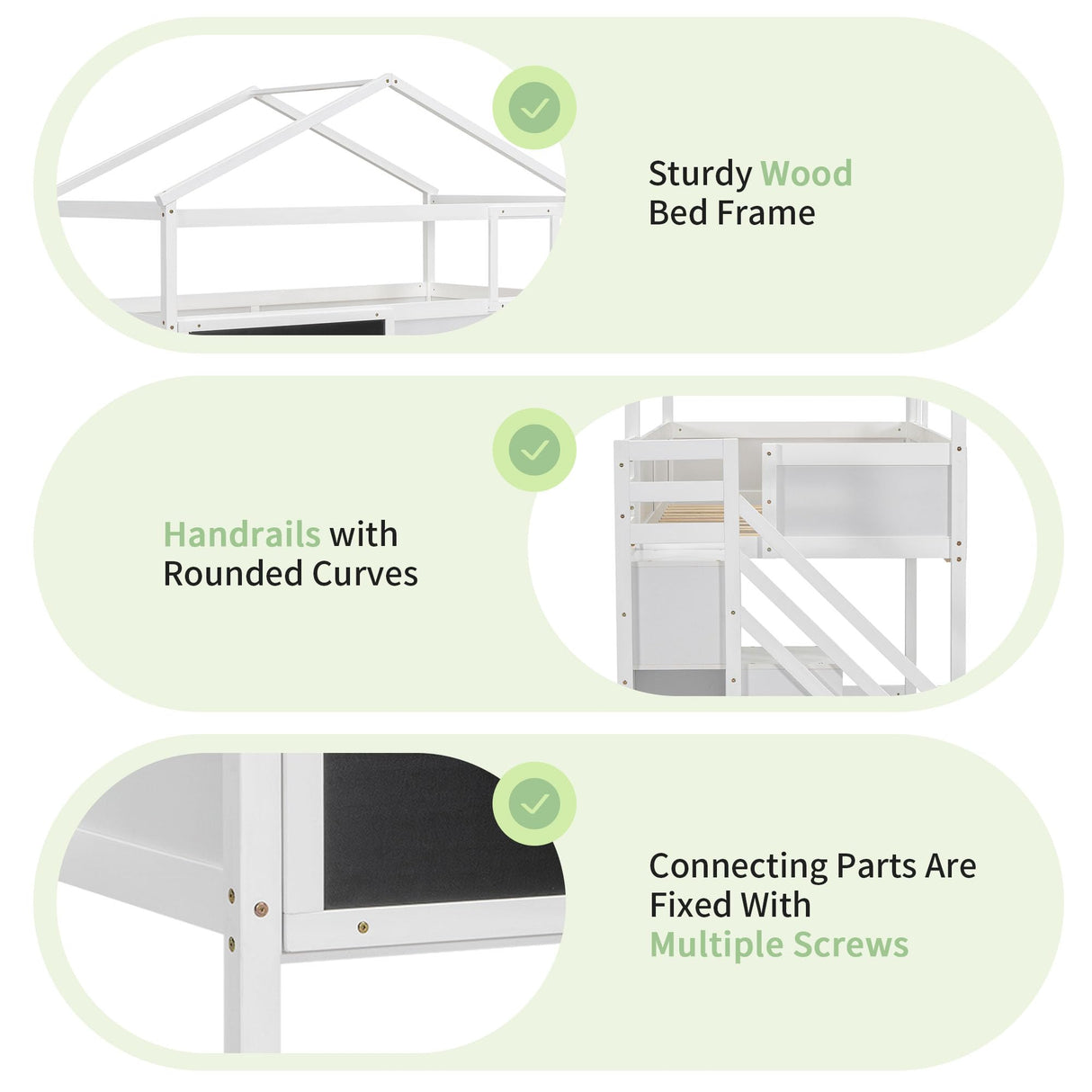 Merax Twin Over Full House Bunk Bed with Storage Staircase & Blackboard, Wood Kids Bunk Bed with Roof and Safety Guardrails, Playhouse Bunk Beds for Kids, Teens, Adults, No Box Spring Required, White Merax