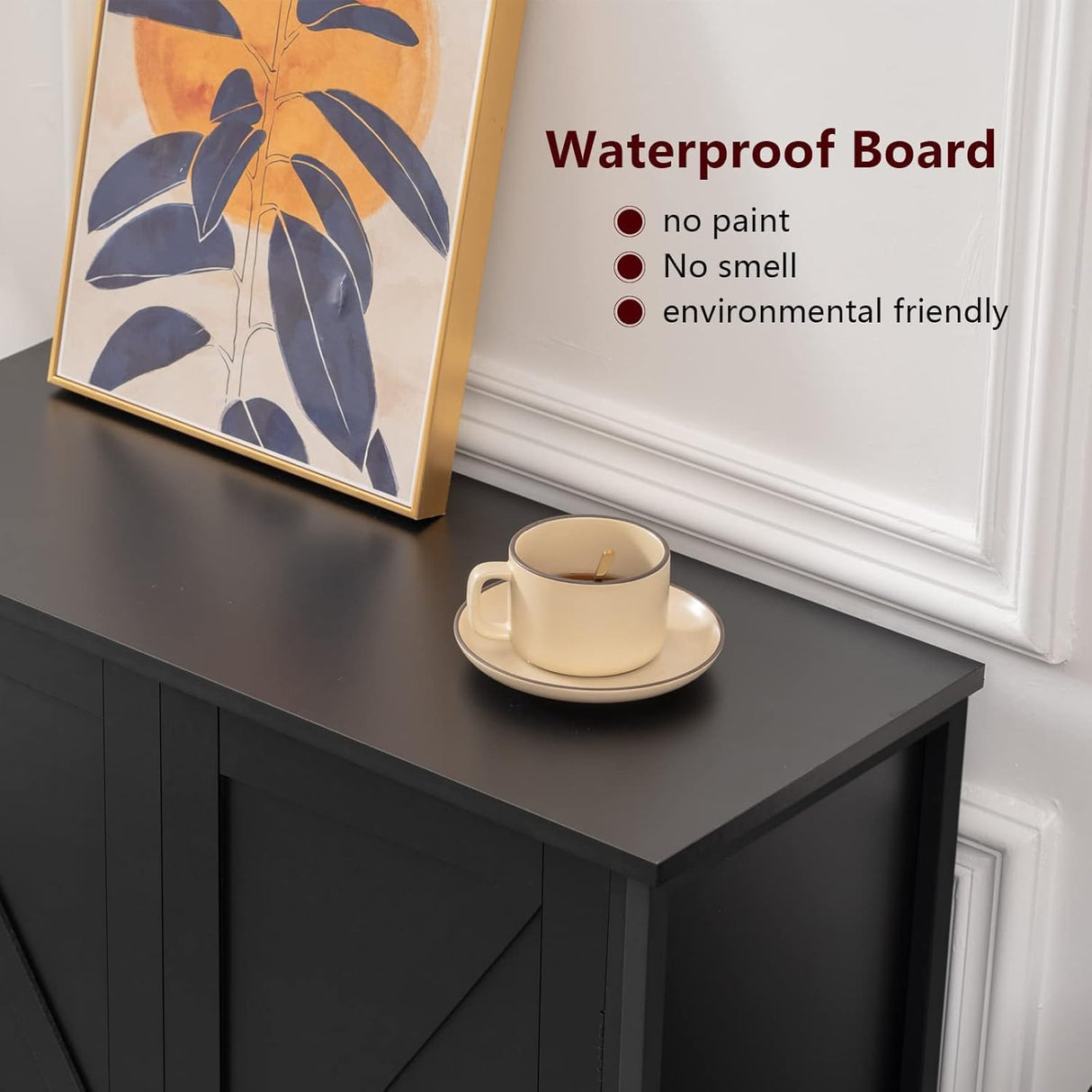 FIONESO Storage Cabinet, Small Cabinet with Barn Doors, Farmhouse Cabinet with Shelf, Black Cabinet for Living Room, Dining Room, Entryway, Black FIONESO