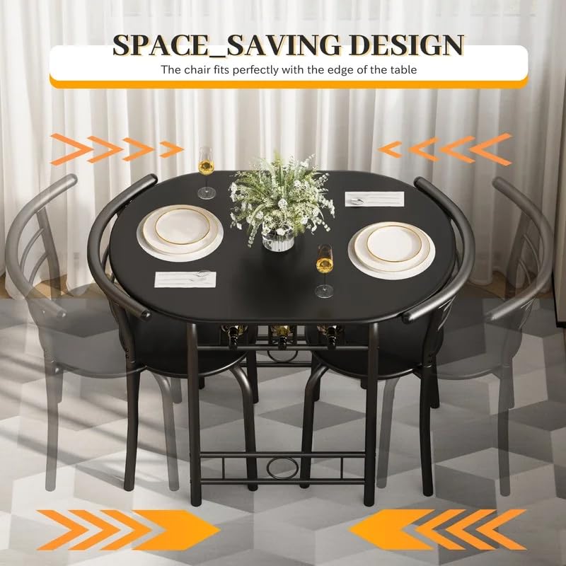 Shahoo 3-Piece Wooden Dining Table Set, Kitchen Breakfast Nook Sets with 2 Chairs & Round Tabletop, Space Saving Furniture Metal Frame and Built-in Wine Rack, Black Shahoo