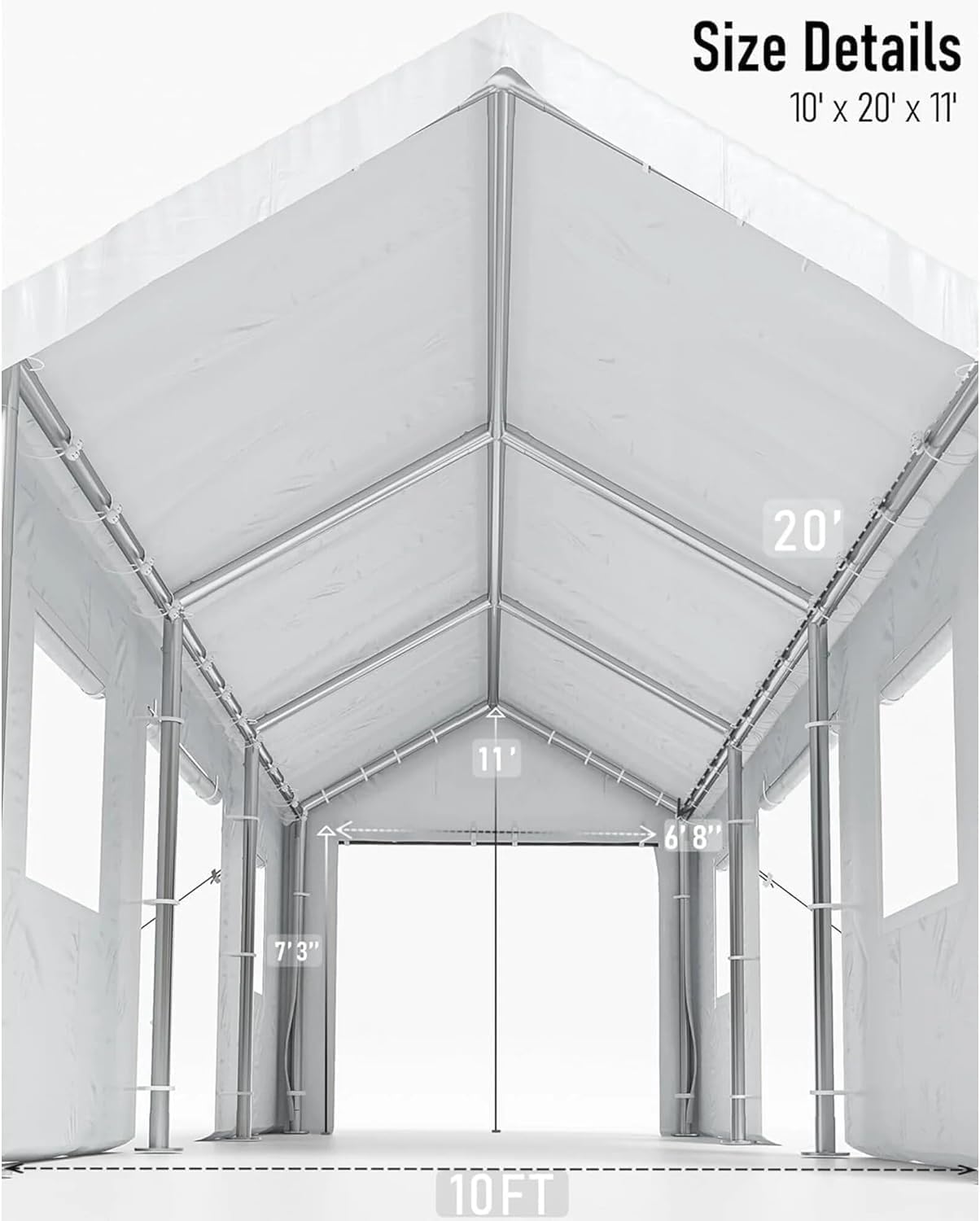 IDEALHOUSE 10x20ft Heavy Duty Carport with Roll-Up Windows - Portable Garage with Removable Sidewalls & Doors, All-Season Tarp Shelter for Cars, Trucks, Boats & Motorcycles (White) IDEALHOUSE