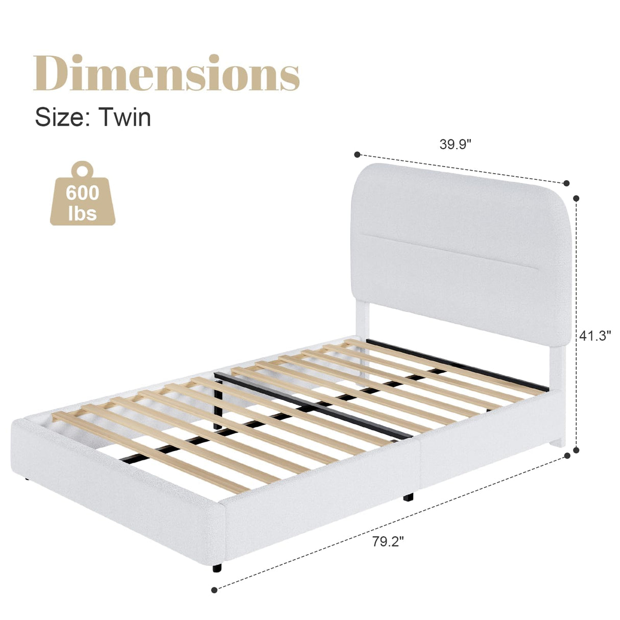 HOMBCK Twin Bed Frames Boucle Upholstered Platform Bed Frame Twin Size with Headboard for Kids/Thickened Footboard/Rounded Corners/No Box Spring Needed/Easy Assembly, White HOMBCK