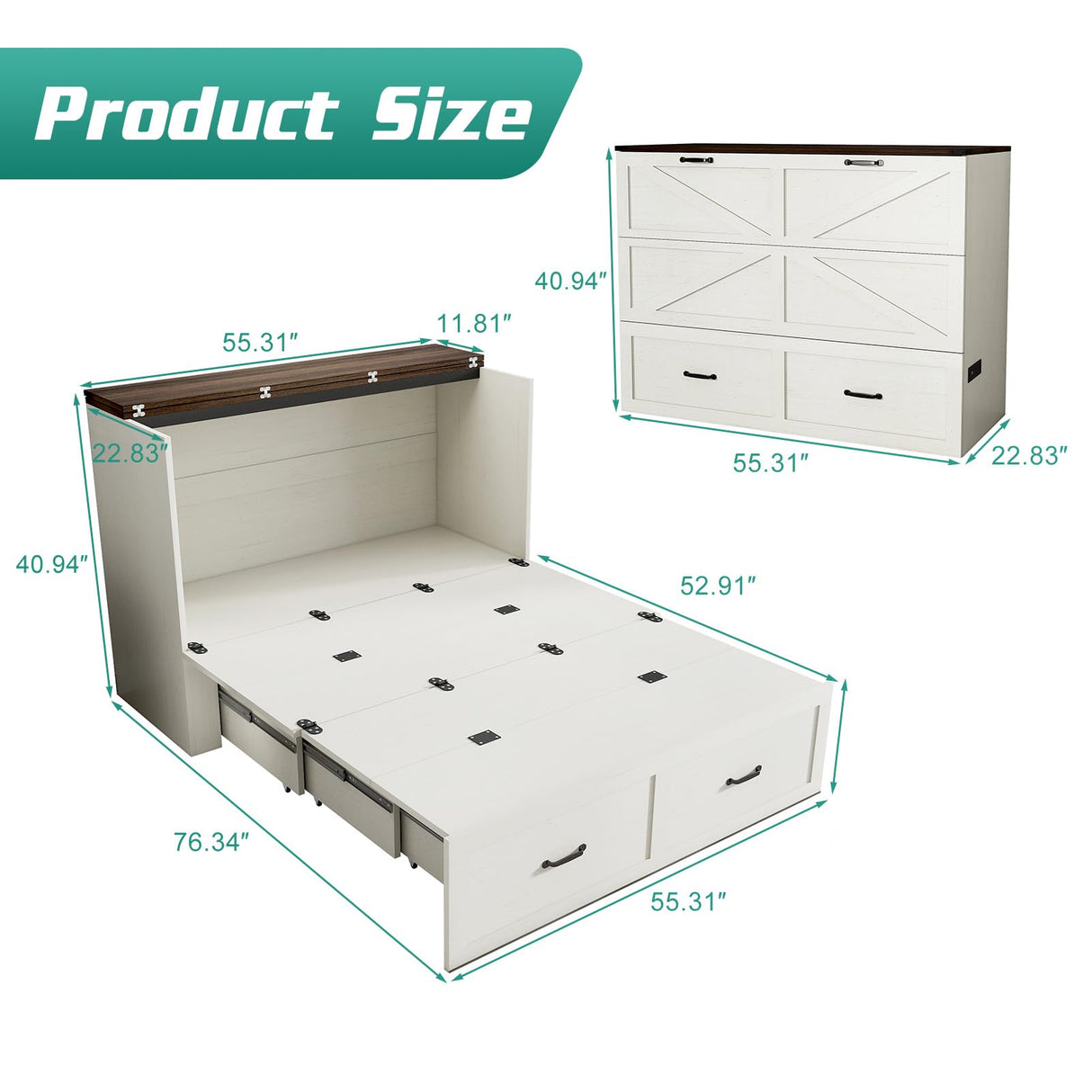 Hlivelood Full Size Murphy Chest Bed with Drawer and Charging Station, Farmhouse Wood Space-Saving Hidden Folding Beds Chest, Multifunctional Storage Cabinet Bed for Bedroom, Office, Rustic White Hlivelood