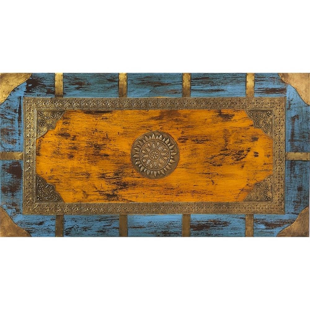 MAKLAINE 32" x 17" Traditional Wood Painted Brass Inlay Storage Trunk/Coffee Table with Hidden Storage, Brass Inlays & Hardware, Handcrafted, Handpainted, No Assembly Required, in Multi-Color Finish MAKLAINE
