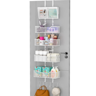 Hongtamoya Adjustable Over The Door Organizer, Hanging Door Storage with PVC Pocket and 4 Metal Baskets Wall Mount, Behind Door Rack for Bathroom Pantry Cabinet Bedroom Closet, White