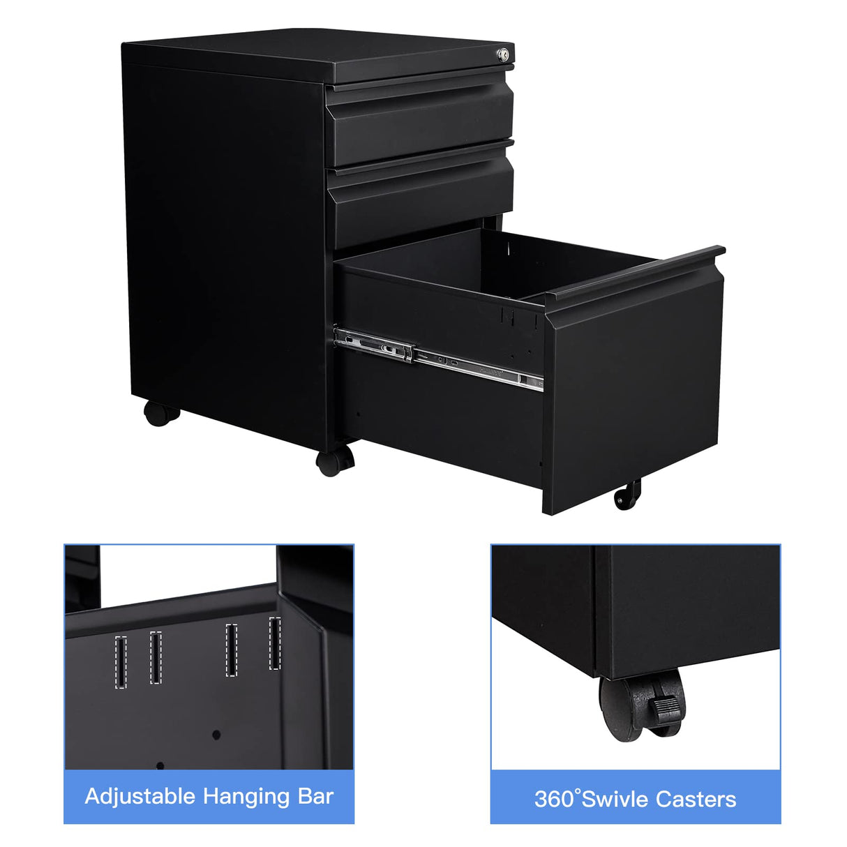 Yizosh 3 Drawer Mobile File Cabinet with Lock, Black Under Desk Rolling Filing Cabinet, Metal Locking File Cabinet on Wheels for Legal/Letter/A4 File (Full Assemble) Yizosh