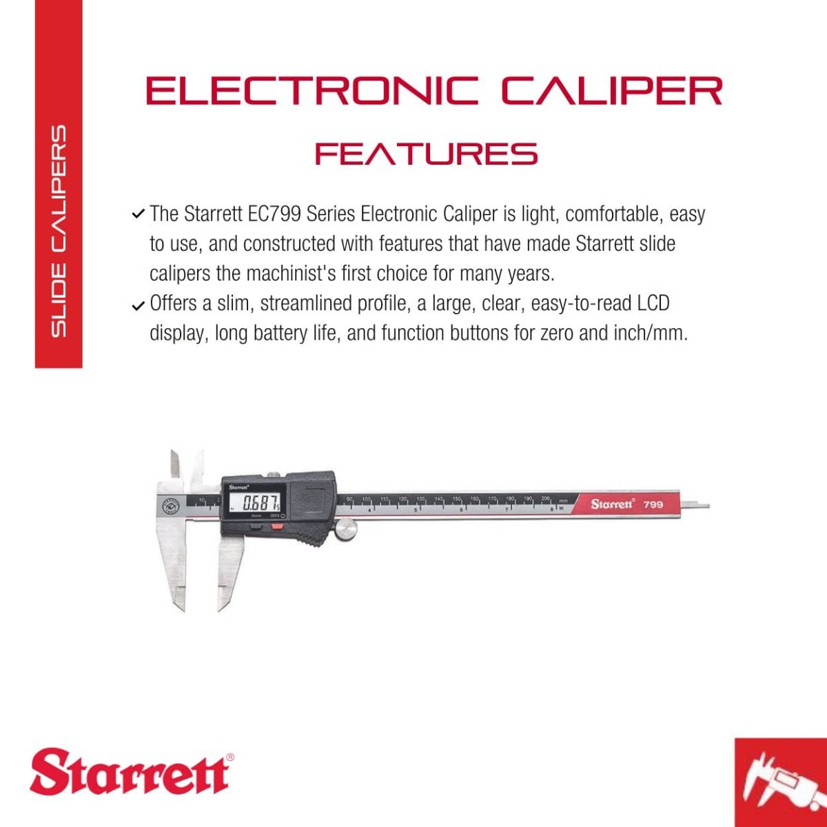 Starrett Stainless Steel Electronic Slide Caliper - 0-8" Range, .0005" Resolution, LCD Display, Fine Adjustment Thumb Wheel, in/mm Conversion - EC799A-8/200 Starrett