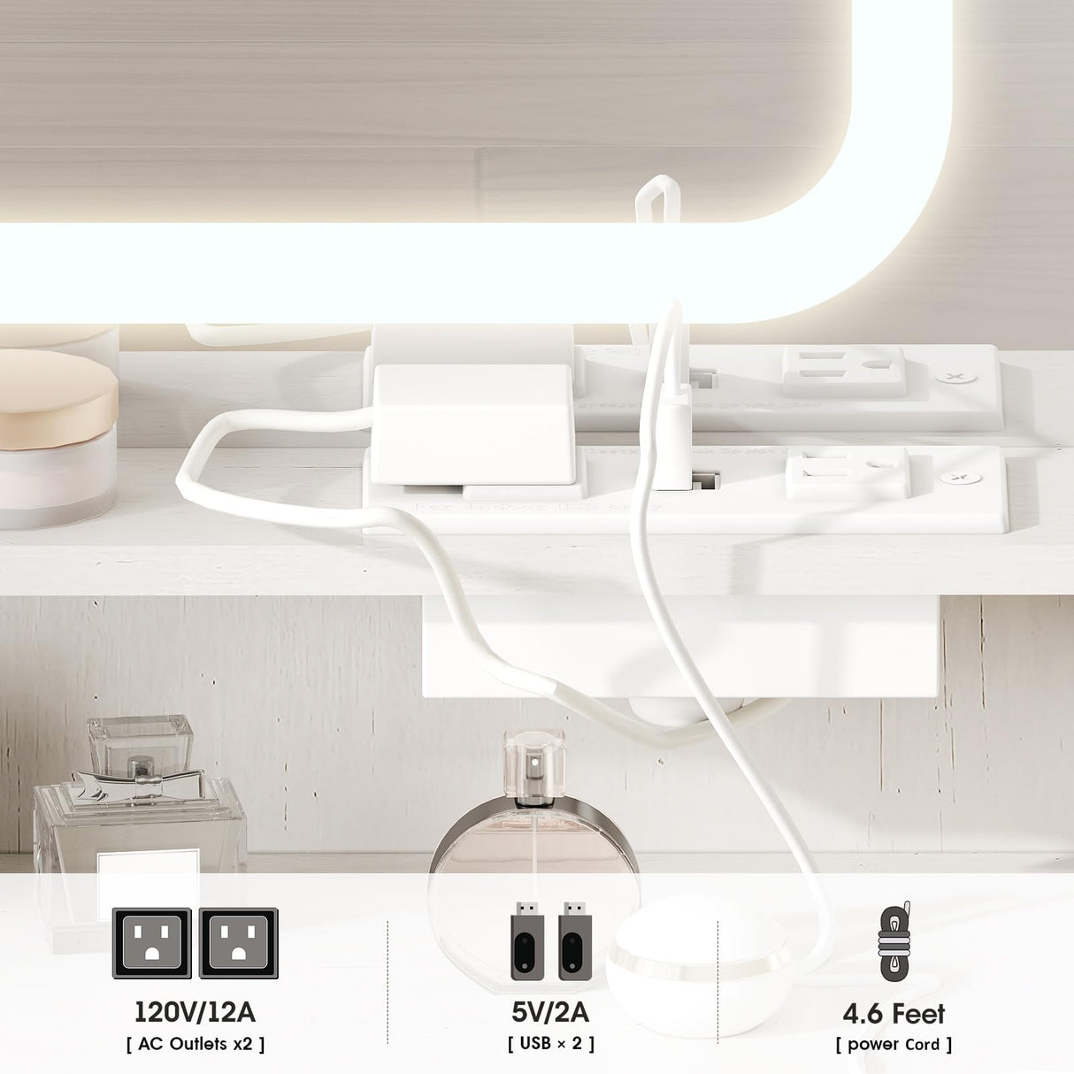 Makeup Vanity Desk with Mirror and Lights, White Vanity with Jewelry Storage Cabinet, Vanity Table Set with Chair and Large Drawer, Cabinets and Multi-Shelf, Charging Station, 3 Color Lighting Maupvit