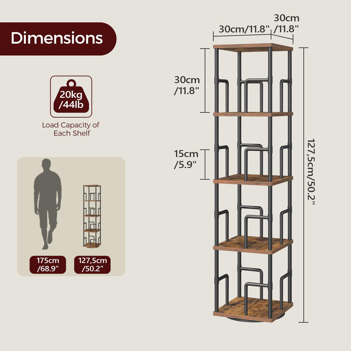 MAHANCRIS 4-Tier Rotating Bookshelf, Freestanding Corner Bookshelf, 360° Spinning Bookcase, Industrial Style Storage Rack with Rails, for Living Room, Bedroom, Study, Rustic Brown and Black BKHR1501 MAHANCRIS