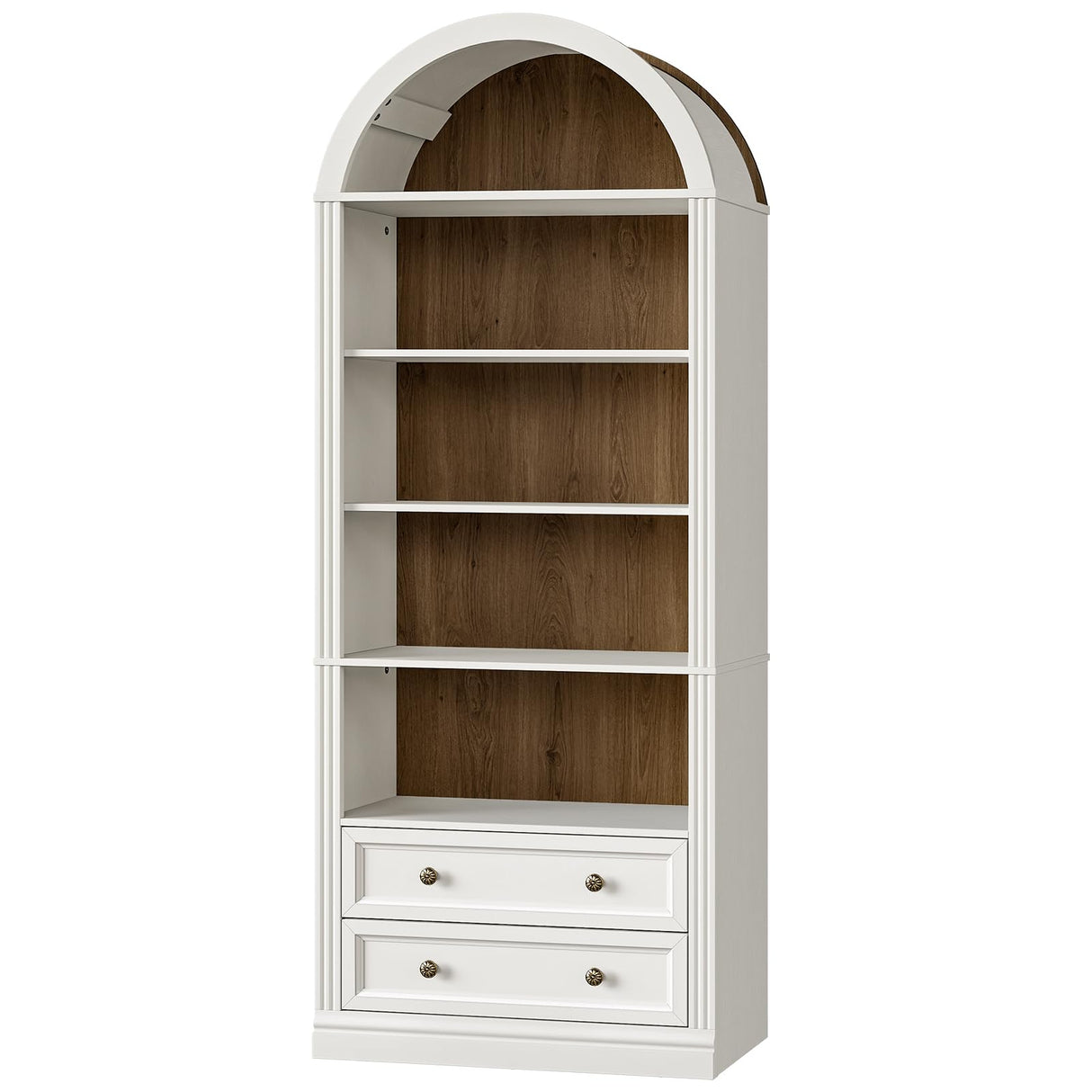 RALGEND Farmhouse Arched Bookshelf, 7 Tiers Arch Bookcase with 2 Spacious Drawers, Modern Book Shelf with Open Display Shelves and Storage Cabinet, for Office, Living Room, Kitchen, Walnut and White RALGEND