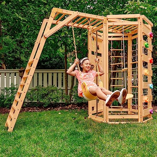 Avenlur Hawthorn 9-in-1 Outdoor Activity Center | Swing, Rock Wall, Monkey Bars | Ages 3-11 | Pine Wood Construction | Climbing Rope, Net Wall | Strength, Coordination, and Imagination-Boosting Fun Avenlur