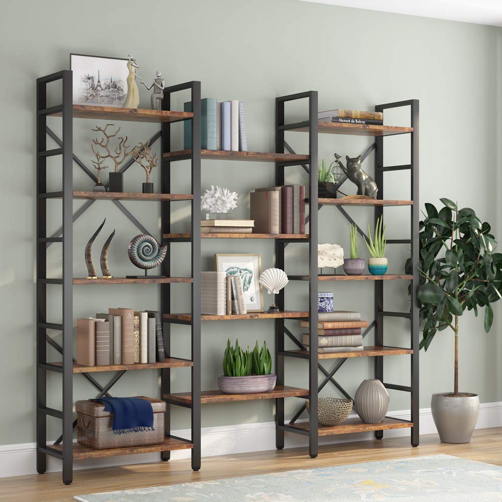 Tribesigns Vintage Brown Triple Wide 5-Shelf Etagere Bookcase - Industrial Style Wood and Metal Bookshelf for Home & Office Tribesigns