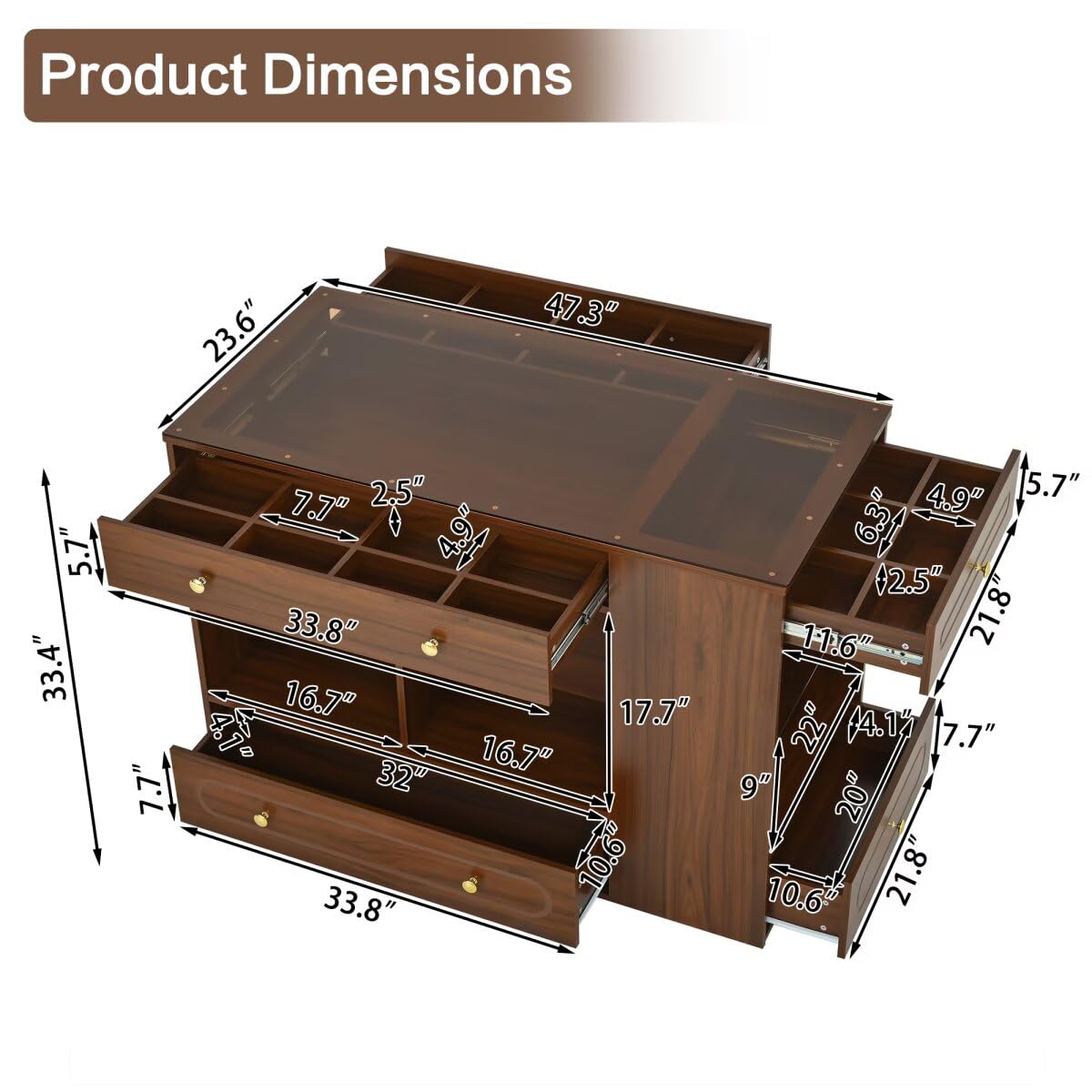 47.3" Closet Island with 6 Drawers Table, Wardrobe Armoire Island with Glass Display Top and Open Shelves, Jewelry Storage Vanity Island with compartments, Walk-in Closet Island for Cloakroom,Walnut JIJIWANG