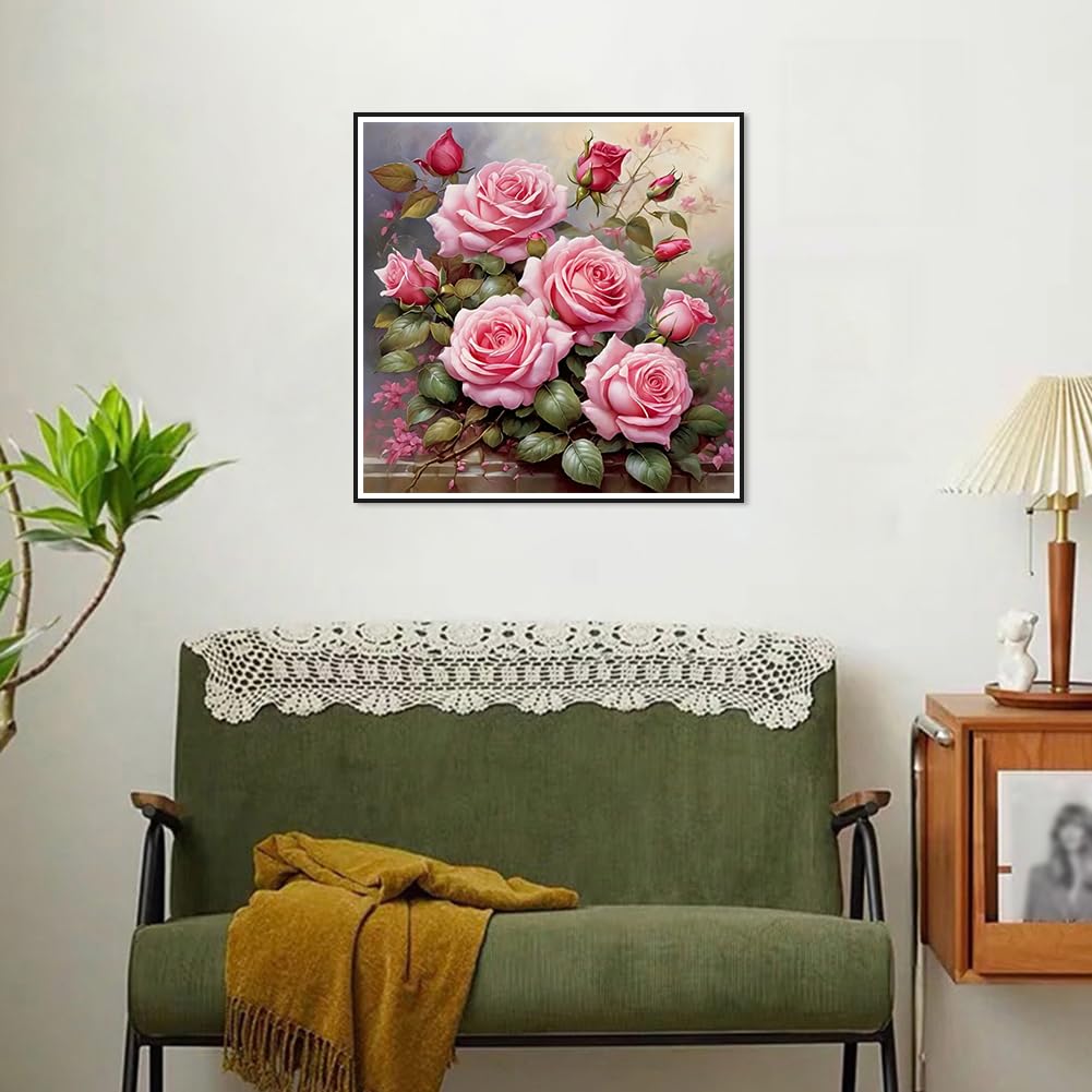 FHBUBPUP Pink Rose Diamond Painting Kits for Adults, Pink Rose Diamond Art Kits, Full Drill Round Gem Art, DIY Flower Paint with Diamond Kits Beads Crafts for Home Wall Decoration Gifts 12x12 inch FHBUBPUP