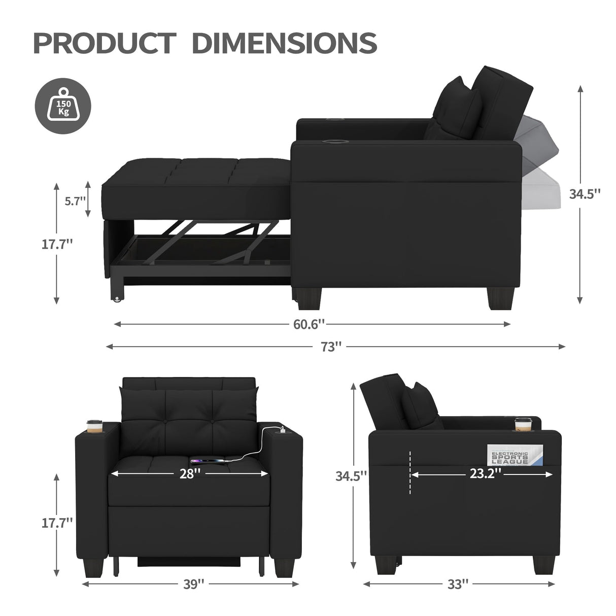DURASPACE 39 inch Futon Chair Bed Convertible Chair 3-in-1 Pull Out Sleeper Reading Chair Beds with USB, Armchair Sleeper Bed for Living Room, Dorm, Small Space (Black Faux Leather) DURASPACE