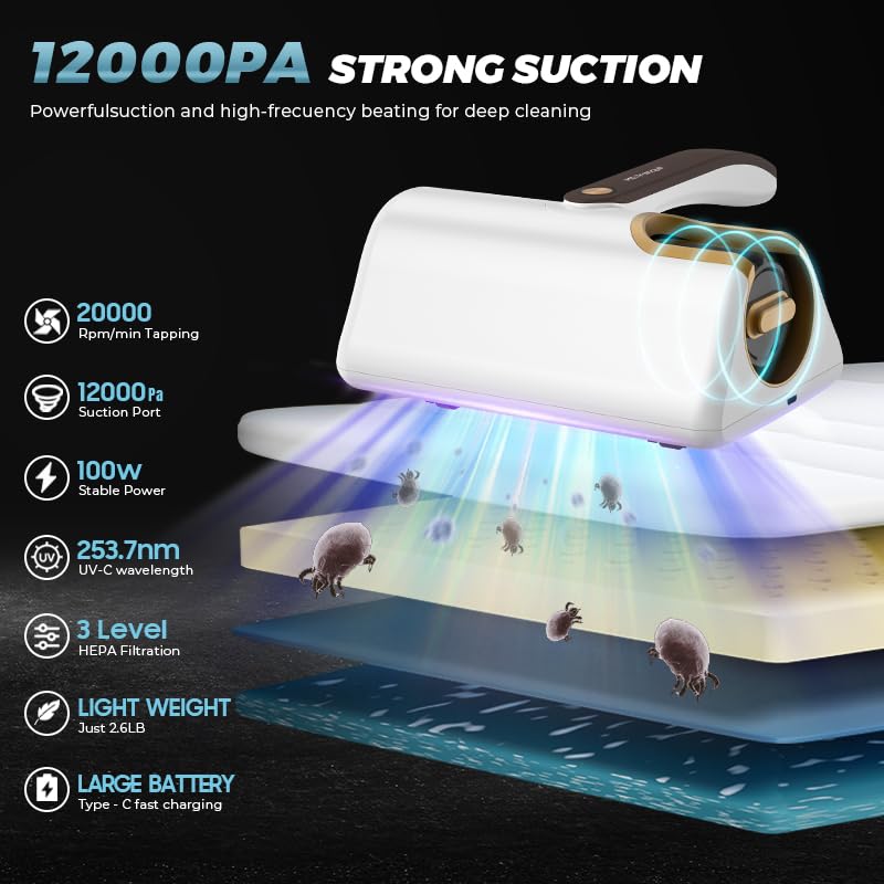 Mattress Vacuum Cleaner, UV Bed Vacuum Cleaner, 12KPa Powerful Suction with Hepa Filter for Dust, Pet Hair Handheld Mattress Deep Cleaner Effectively Clean Up Bed, Pillows, Cloth Sofas, Carpets MS.Tranquil