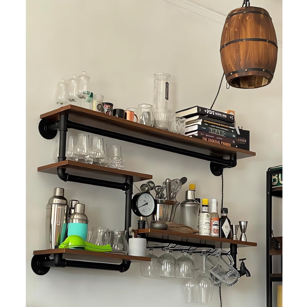 HEONITURE Industrial Pipe Shelves Wine Rack Wall Mounted with 4 Stem Glass Holder,Bar Shelves 39in Metal Hanging Wine Rack, Rustic Floating Pipe Shelf, Living Room Kitchen Decor Display Rack HEONITURE
