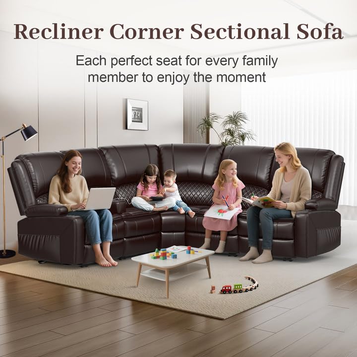 Yolsali Home Theater Seating Reclining Sectional Sofa, 5 Seats Soft Leather Recliner Corner Sectional Couch, Recliner Couch with USB Charging, Thickened Padding, Sturdy Frame, Brown Yolsali