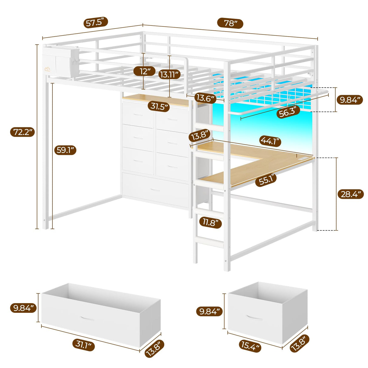 DICTAC Full Loft Bed with L-Shaped Desk and 7 Storage Drawers, Metal Full Size Loft Bed for Teen with LED Lights and Charging Station,13.11" H Safety Guardrail and Ladder,No Box Spring Needed, White DICTAC