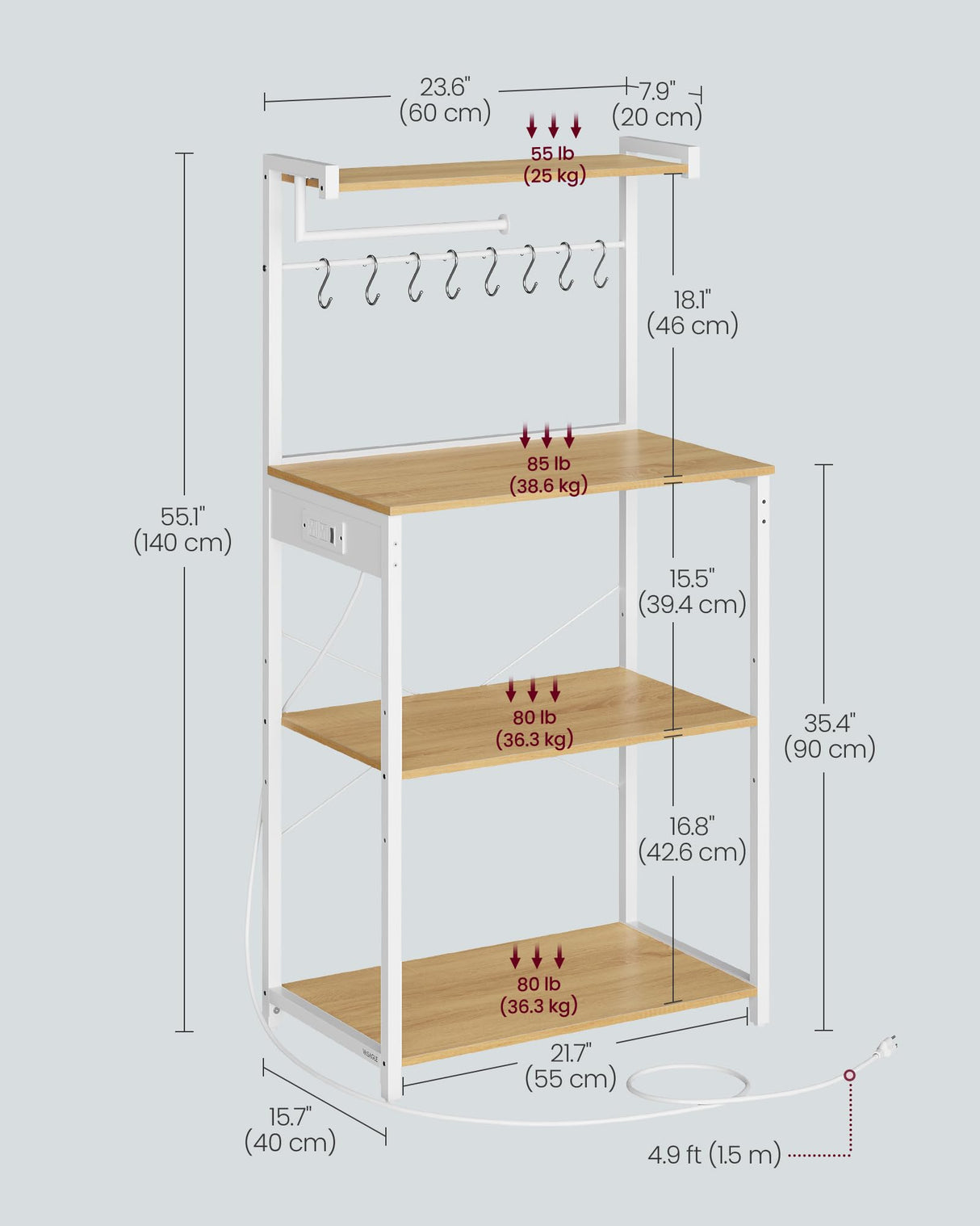 VASAGLE Kitchen Bakers Rack with Power Outlet, Coffee Bar 4-Tier with 8 S Hooks, Microwave Stand, Adjustable Shelf, for Small Spaces, Golden Oak and Cloud White UKKS014Y01V1 VASAGLE