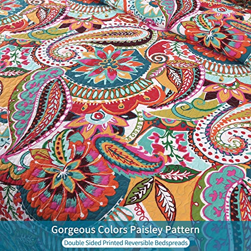Qucover 100% Cotton Twin Quilt Set, 2 Piece Multicolor Paisley Boho Style Twin Bedspread with Pillow Shams, 68"x86" Qucover