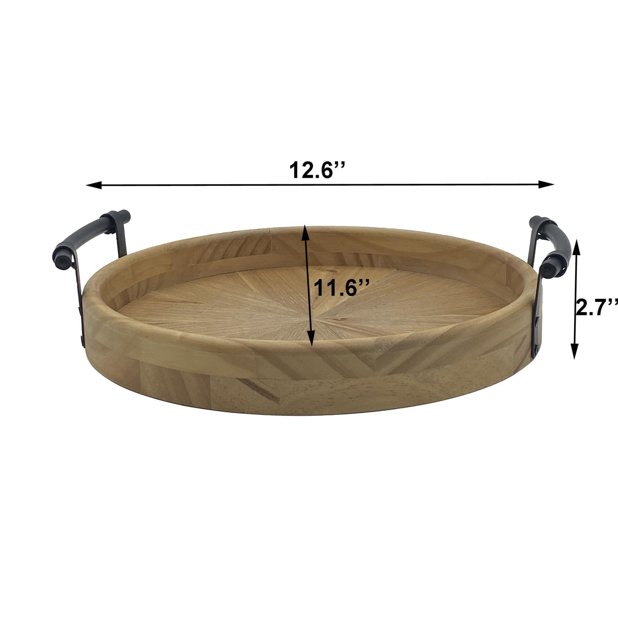 Rustic Round Wooden Decorative Tray with Metal Handles, Multi-Purpose Ottoman Tray, Farmhouse Serving Tray for Coffee Table, Kitchen or Living Room dugunusu